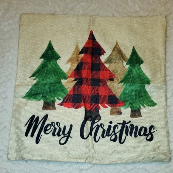 Merry Christmas throw accent pillow cover with red and green plaid trees NEW - Picture 1 of 7